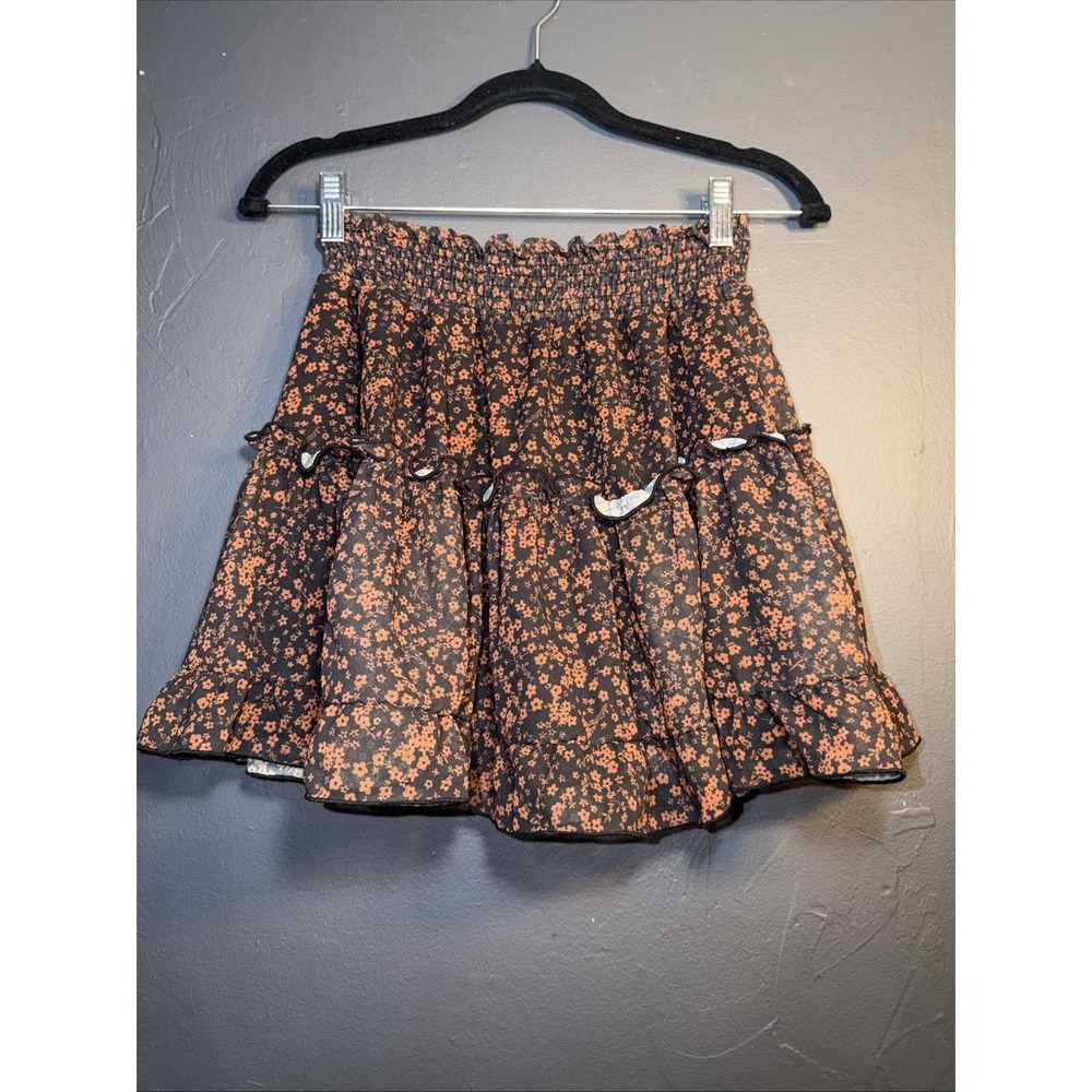 Altard State Black Brown Floral Ruffle Mini Skirt Elastic Waist Size M Cottage